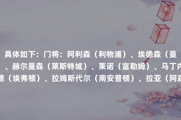 具体如下：门将：阿利森（利物浦）、埃德森（曼城）、亨德森（水晶宫）、赫尔曼森（莱斯特城）、莱诺（富勒姆）、马丁内斯（维拉）、皮克福德（埃弗顿）、拉姆斯代尔（南安普顿）、拉亚（阿森纳）、塞尔斯（诺丁汉丛林）边后卫：艾纳（诺丁汉丛林）、努里（狼队）、阿诺德（利物浦）、库库雷利亚（切尔西）、格瓦迪奥尔（曼城）、科尔克兹（伯恩茅斯）、穆尼奥斯（水晶宫）、罗宾逊（富勒姆）、斯宾塞（热刺）、万比萨卡（西汉姆）中后卫：丹-伯恩（纽卡斯尔）、加布里埃尔（阿森纳）、格伊（水晶宫）、怀森（伯恩茅斯）、科纳特（利物浦）、米伦科维奇（诺丁汉丛林）、穆里略（诺丁汉丛林）、阿森纳（萨利巴）、塔科夫斯基（埃弗顿）、范迪克（利物浦）中场：凯塞多（切尔西）、B费（曼联）、吉布斯-怀特（诺丁汉丛林）、赫拉芬贝赫（利物浦）、吉马良斯（纽卡斯尔）、麦卡利斯特（利物浦）、赖斯（阿森纳）、罗杰斯（维拉）、索博斯洛伊（利物浦）、托纳利（纽卡斯尔）时尚：伊兰加（诺丁汉丛林）、戈登（纽卡斯尔）、姆贝莫（布伦特福德）、萨卡（阿森纳）、帕尔默（切尔西）、墨菲（纽卡斯尔）、鲍文（西汉姆）、克鲁伊维特（伯恩茅斯）、萨拉赫（利物浦）、三笘薰（布莱顿）中锋：库尼亚（狼队）、德拉普（伊普斯维奇）、哈兰德（曼城）、伊萨克（纽卡斯尔）、马特塔（水晶宫）、拉尔森（狼队）、沃特金斯（维拉）、维尔贝克（布莱顿）、维萨（布伦特福德）、伍德（诺丁汉丛林）    体育录像/图片