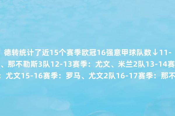 德转统计了近15个赛季欧冠16强意甲球队数↓11-12赛季：国米、米兰、那不勒斯3队12-13赛季：尤文、米兰2队13-14赛季：米兰14-15赛季：尤文15-16赛季：罗马、尤文2队16-17赛季：那不勒斯、尤文2队17-18赛季：罗马、尤文2队18-19赛季：罗马、尤文2队19-20赛季：尤文、那不勒斯、亚特兰大3队20-21赛季：尤文、亚特兰大、拉皆奥3队21-22赛季：尤文、国米2队22-23赛季：国米、米兰、那不勒斯3队23-24赛季：国米、拉皆奥、那不勒斯3队24-25赛季：国米25-26赛季：亚特兰大    体育赛事直播